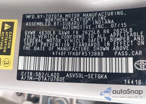 2015 Toyota Camry Xle из США, поврежденный, VIN 4T4BF1FK6FR513889